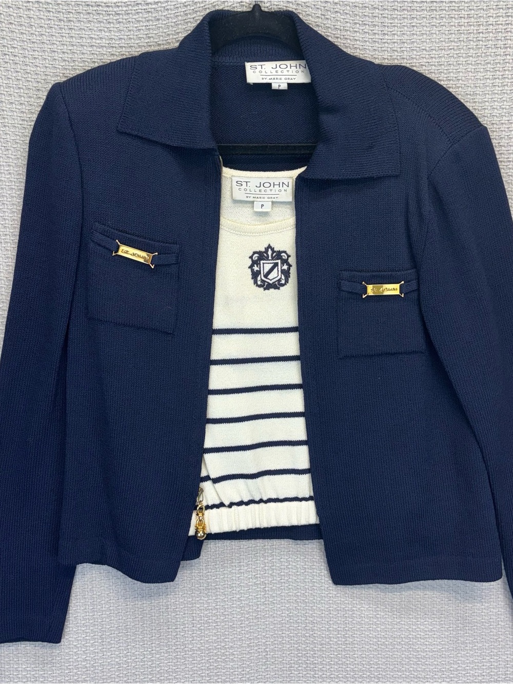 Vtg St John Navy Nautical Blazer W/Sleeveless Striped Tank Top Small P Gold - Picture 3 of 13